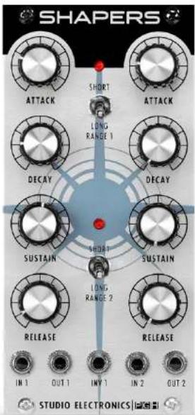 SHAPERS SHORT ATTACK LONG RANGE 1 DECAY DECAY SHOUI SUSTAIN SUSTAIN LONG RANGE 2 RELEASE RELEASE IN 1 OUT 1 INV 1 IN 2 OUT 2 STUDIO ELECTRONICS