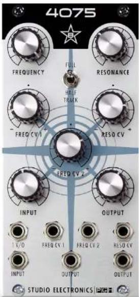 4075 FREQUENCY FULL HOLE TRACK FREQ CV 1+ RESO CV FREQ CV 2 INPUT OUTPUT 1 V/O FREQ CV 1 FREQ CV 2 RESO CV INPUT OUTPUT OUTPUT STUDIO ELECTRONICS