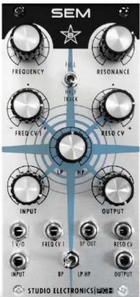 SEM FREQUENCY FULL RESONANCE HOLD TRACK FREQ CV I RESO CV LP HP INPUT OUTPUT 1 V/O FREQ CV I BP OUT RESO CV INPUT BP LP.HP OUTPUT STUDIO ELECTRONICS
