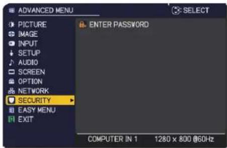 ADVANCED MENU PICTURE IMAGE INPUT SETUP AUDIO SCREEN OPTION NETWORK SECURITY EASY MENU EXIT ENTER PASSWORD COMPUTER IN 1 1280 x 800 @60Hz