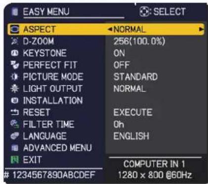 EASY MENU ASPECT NORMAL D-ZOOM 256(100.0%) KEYSTONE ON PERFECT FIT OFF PICTURE MODE STANDARD LIGHT OUTPUT NORMAL INSTALLATION RESET EXECUTE FILTER TIME Oh LANGUAGE ENGLISH ADVANCED MENU EXIT COMPUTER IN 1 1280 x 800 @60Hz 1234567890ABCDEF