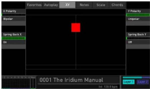 Favorites Autoplay XY Notes Scale Chords X Polarity Bipolar Spring Back X On Y Polarity Unipolar Spring Back Y Off 0001 The Iridium Manual Layer 1 Layer 2 Inf 120.0 bpm