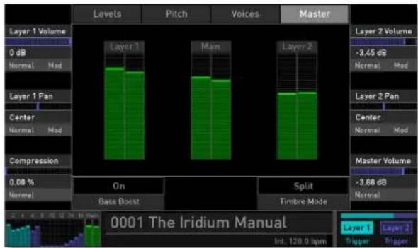 Levels Pitch Voices Master Layer 1 Volume 0 dB Normal Mod Layer 1 Pan Center Normal Mod Compression 0.00 % Normal On Bass Boost Main Layer 2 Split Timbre Mode Layer 2 Volume -3.45 dB Normal Mod Layer 2 Pan Center Normal Mod Master Volume -3.68 dB Normal 0001 The Iridium Manual Int. 120.0 bpm Layer 1 Layer 2 Trigger Trigger