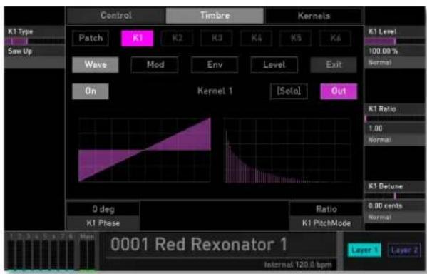 Control Timbre Kernels K1 Type Saw Up Patch K1 K2 K3 K4 K5 K6 Wave Mod Env Level Exit On Kernel 1 [Soto] Out 0 deg K1 Phase Ratio K1 PatchMode 0 deg K1 Phase K1 Ratio 1.00 Normal K1 Detune 0.00 cents Normal 0 deg K1 Phase K1 PatchMode Layer 1 Layer 2 0001 Red Rexonator 1 Internal 120.0 bpm