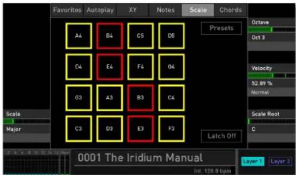 Favorites Autoplay XY Notes Scale Chords A4 B4 C5 D5 D4 E4 F4 Q4 G3 A3 B3 C4 C3 D3 E3 F3 Latch Off Octave Oct 3 Velocity 52.89 % Normal Scale Root C 0001 The Iridium Manual Layer 1 Layer 2 Int. 120.6 bpm