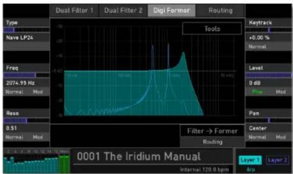 Dual Filter 1 Dual Filter 2 Digi Former Routing Tools Type Nave LP24 Freq 2074.95 Hz Normal Mod Reso 0.51 Normal Mod Filter → Former Routing Keytrack +0.00 % Normal Level 0 dB Flange Mod Pan Center Normal Mod 0001 The Iridium Manual Internal 120.0 bpm Layer 1 Layer 2 Amp