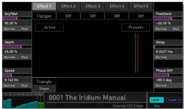Effect 1 Effect 2 Effect 3 Effect 4 Effect 5 Dry/Wet 50.00 % Normal Med Active Presets Delay 65.00 % Normal Med Phase Diff 0.163 Hz Normal Med Triangle Shape 0001 The Iridium Manual Internal 222.8 bpm Layer Layer 2 Amp