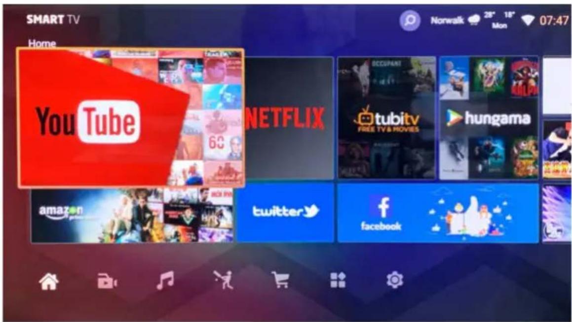 SMART TV Home YouTube 6G NETFLIX www.tubitv FREE TV & MOVIES hungama twitter facebook