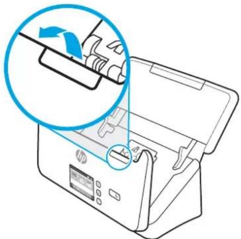 Diagram of a printer with an open lid and internal components, showing a blue circular annotation highlighting the process (no text or symbols present)