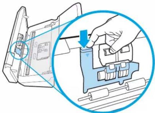 Illustration of a hand inserting a component into a device, showing internal components and a blue circular arrow indicating the process (no text or symbols present)