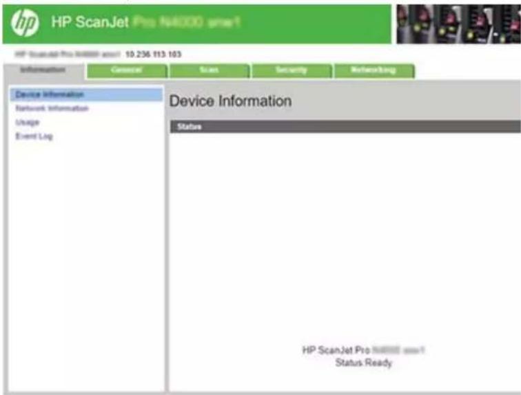 HP ScanJet Pro N4000.exe1 HP ScanJet Pro N4000.exe1 10.236 113 103 Information General Scan Security Networking Device Information Network Information Usage Event Log Device Information Status HP ScanJet Pro N4000.exe1 Status Ready