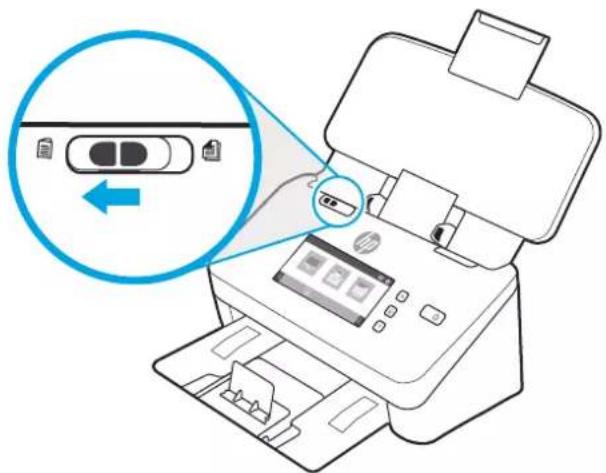Diagram showing printer operation with a close-up of a device and a magnified view highlighting the left side of the device.