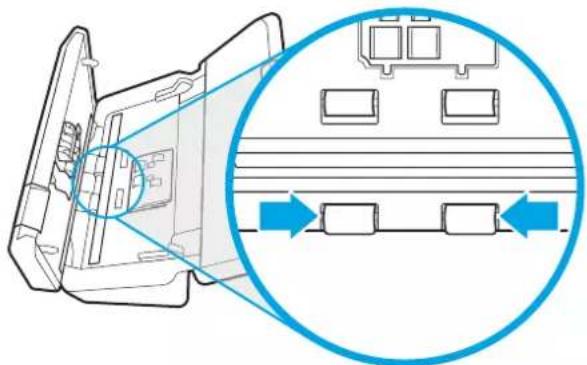 Technical diagram of a device rear panel with internal components and blue circular arrows indicating flow or connection (no text or symbols)