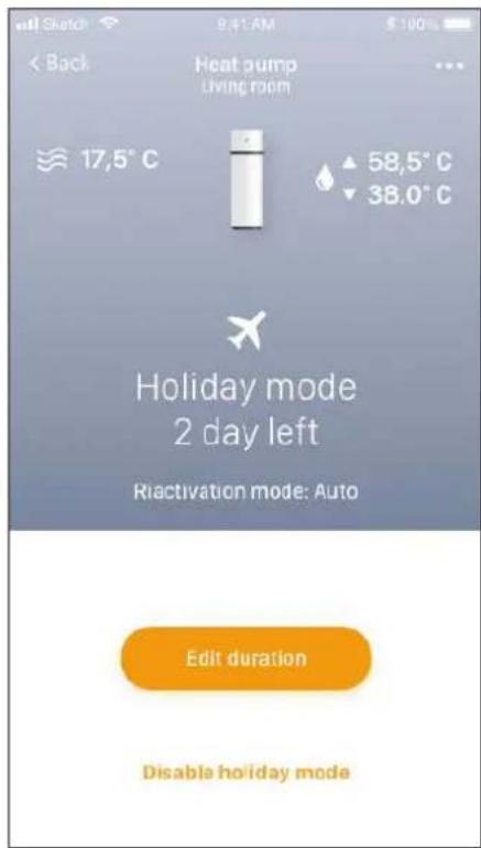 Back Heat pump Living room 17,5°C 58,5°C 38.0°C Holiday mode 2 day left Reactivation mode: Auto Edit duration Disable holiday mode