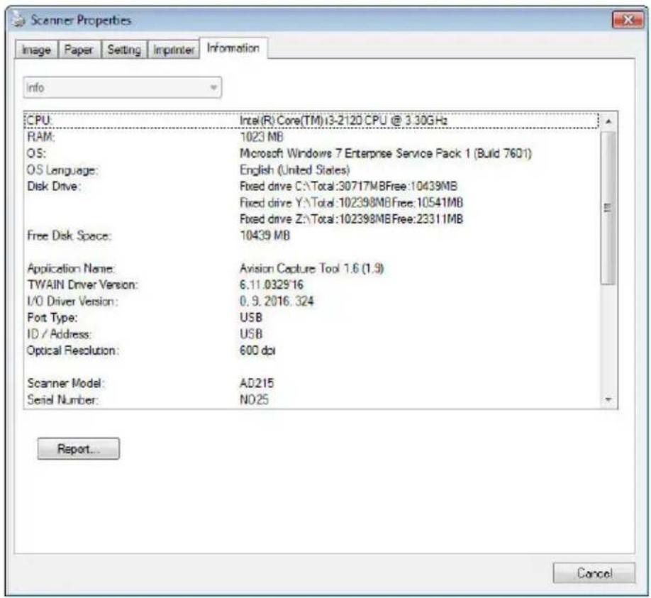 Scanner Properties Image Paper Setting Imprinter Information Info CPU: Intel(R) Core(TM)13-2120 CPU @ 3.30GHz RAM: 1023 MB OS: Microsoft Windows 7 Enterprise Service Pack 1 (Build 7601) OS Language: English (United States) Disk Drive: Fixed drive CA\Total:30717MBFree:10439MB Fixed drive Y:\Total:102…