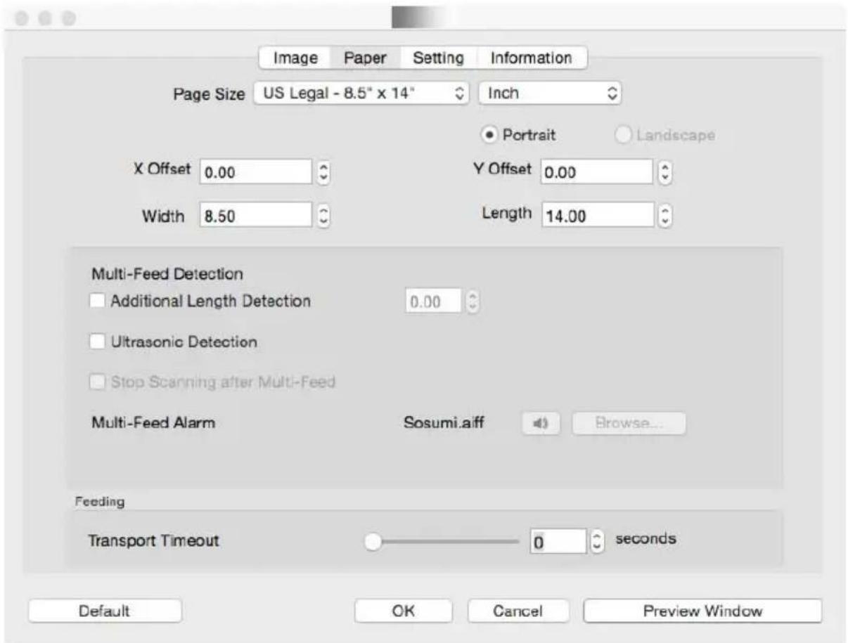 Image Paper Setting Information Page Size US Legal - 8.5" x 14" Inch X Offset 0.00 Width 8.50 Portrait Landscape Y Offset 0.00 Length 14.00 Multi-Feed Detection Additional Length Detection 0.00 Ultrasonic Detection Stop Scanning after Multi-Feed Multi-Feed Alarm Sosumi.aiff Browse... Feeding Transpo…