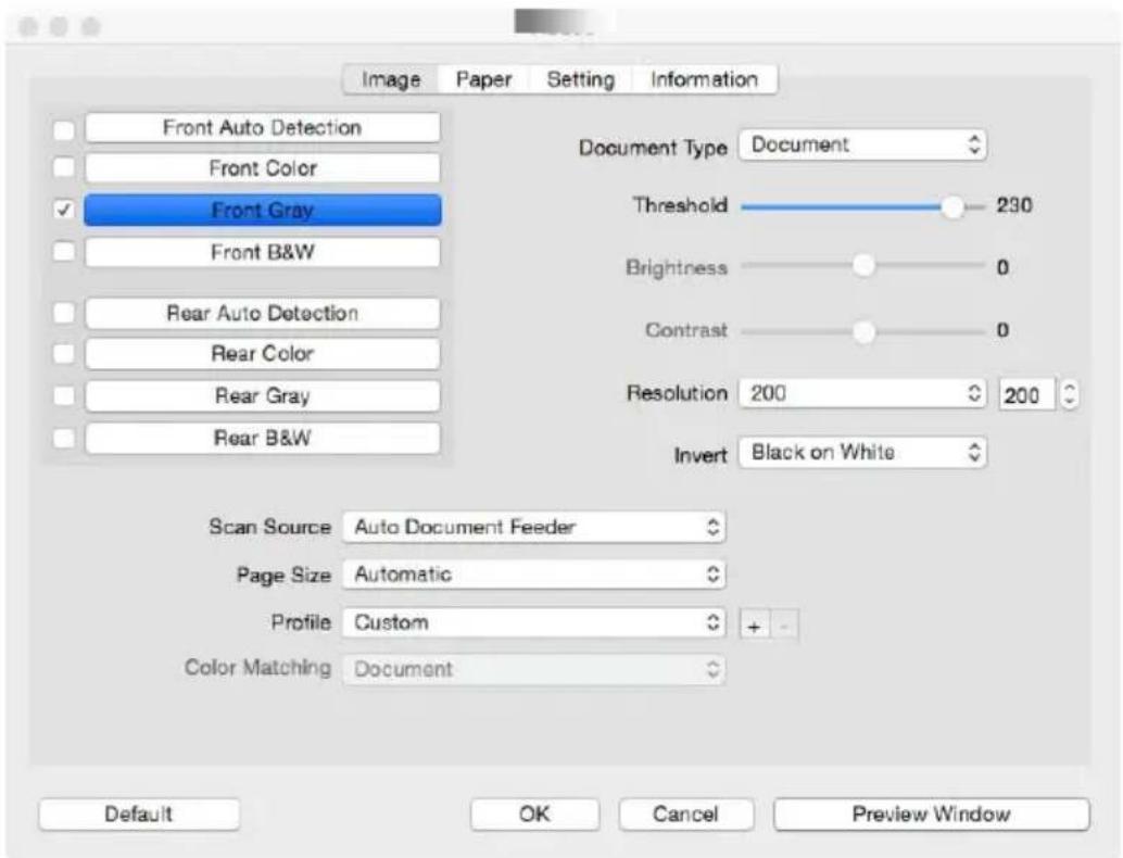 Image Paper Setting Information Front Auto Detection Front Color Front Gray Front B&W Rear Auto Detection Rear Color Rear Gray Rear B&W Document Type Document Threshold 230 Brightness 0 Contrast 0 Resolution 200 200 Invert Black on White Scan Source Auto Document Feeder Page Size Automatic Profile C…