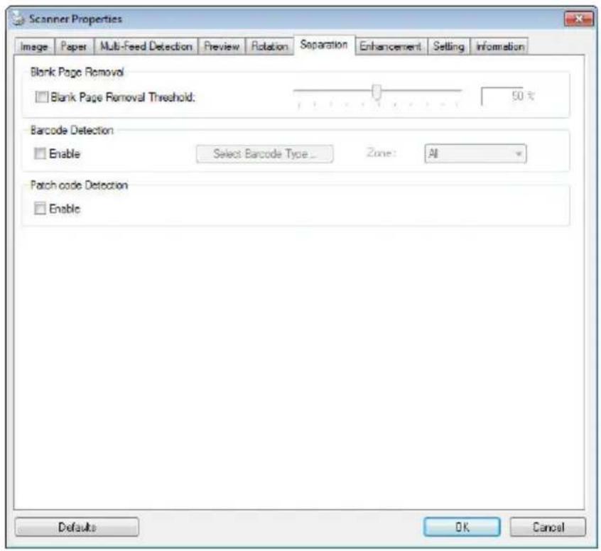 Scanner Properties Image Paper Multi-Feed Detection Preview Rotation Separation Enhancement Setting Information Blank Page Removal Blank Page Removal Threshold: 50 % Barcode Detection Enable Select Barcode Type Zone: All Patch code Detection Enable Defaults OK Cancel