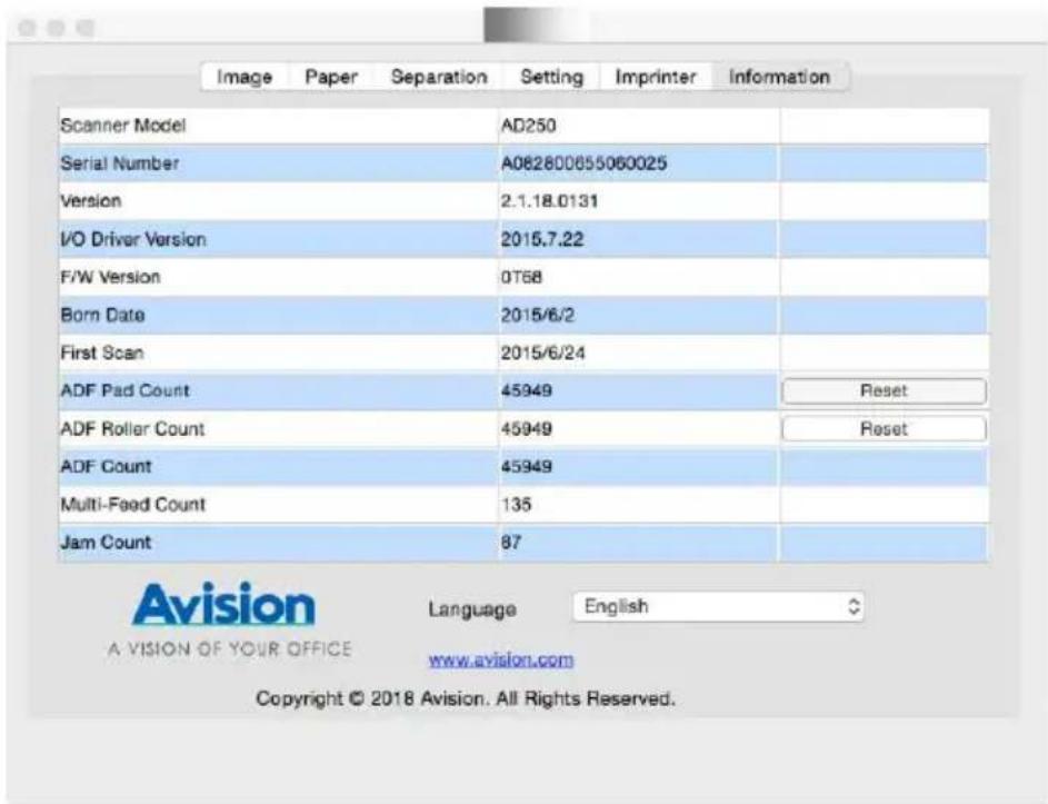 Image Paper Separation Setting Imprinter Information Scanner Model AD250 Serial Number A082800655060025 Version 2.1.18.0131 I/O Driver Version 2015.7.22 F/W Version 0T68 Born Date 2015/6/2 First Scan 2015/6/24 ADF Pad Count 45949 Reset ADF Roller Count 45949 Reset ADF Count 45949 Multi-Feed Count 13…