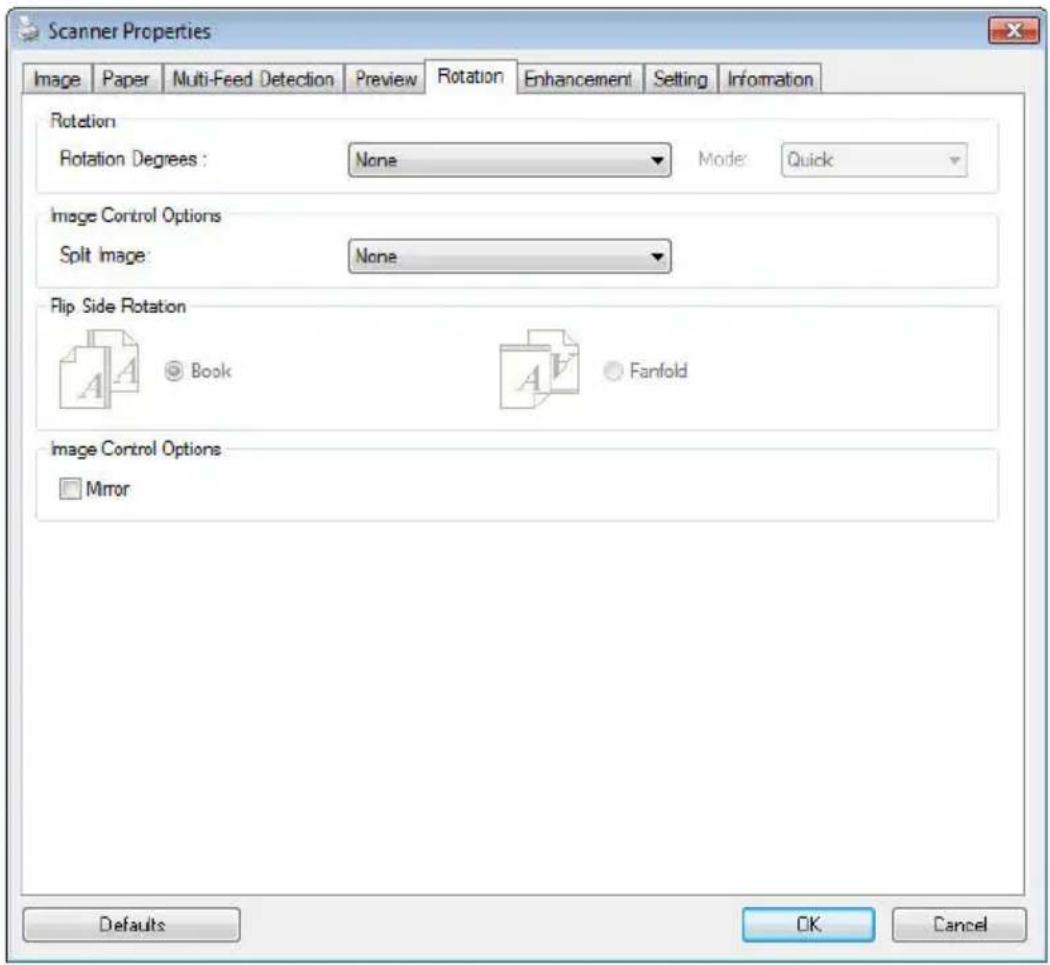 Scanner Properties Image Paper Multi-Feed Detection Preview Rotation Enhancement Setting Information Rotation Rotation Degrees: None Mode Quick Image Control Options Split Image: None Flip Side Rotation Book Fanfold Image Control Options Mirror Defaults OK Cancel