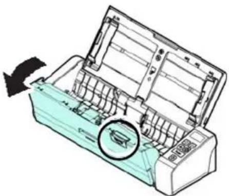 Diagram of an air conditioner unit with a magnified inset showing internal components (no text or symbols)
