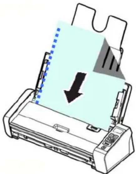 Illustration of a printer with a paper sheet being inserted, showing a downward arrow (no text or symbols present)