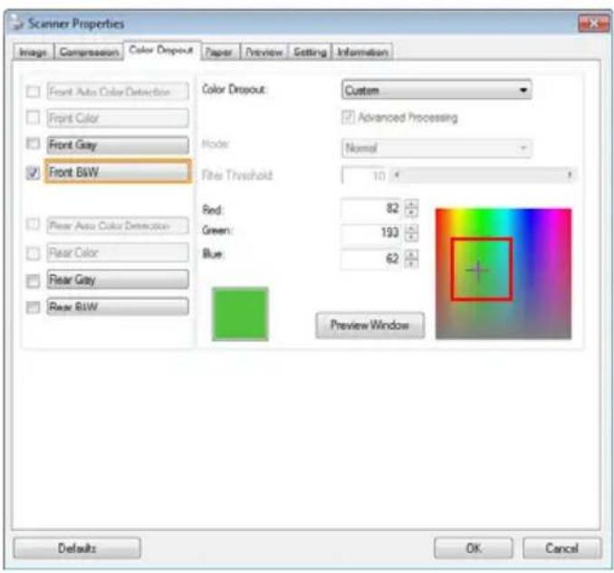 Scanner Properties Image Compression Color Dropout Paper Preview Setting Information Front Auto Color Detection Front Color Front Gray Front B&W Color Dropout: Custom Advanced Processing Node: Normal Filter Threshold: 10 Red: 82 Green: 193 Blue: 62 Preview Window Rear Auto Color Detection Rear Color…