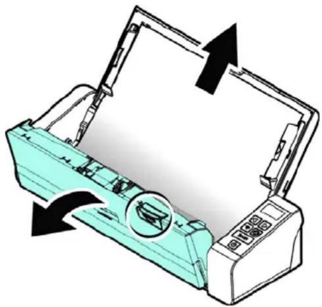 Illustration of a printer with arrows indicating process flow (no text or symbols)