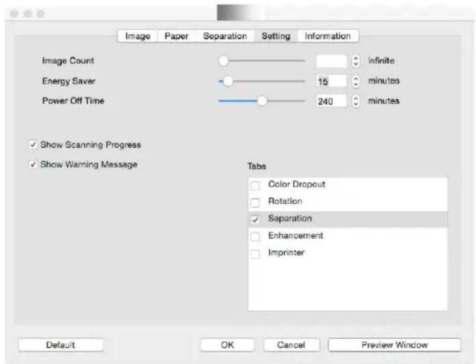 Image Paper Separation Setting Information Image Count infinite Energy Saver 15 minutes Power Off Time 240 minutes ✓ Show Scanning Progress ✓ Show Warning Message Tabs Color Dropout Rotation ✓ Separation Enhancement Imprinter Default OK Cancel Preview Window