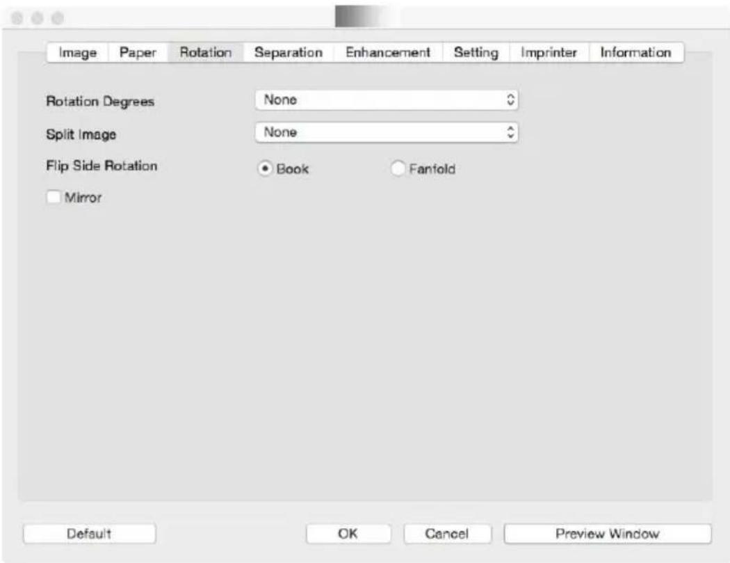 Image Paper Rotation Separation Enhancement Setting Imprinter Information Rotation Degrees None Split Image None Flip Side Rotation ● Book ○ Fanfold □ Mirror Default OK Cancel Preview Window