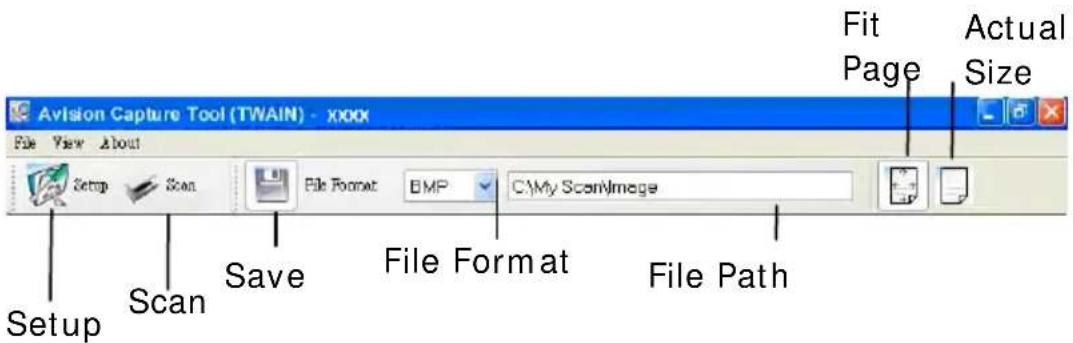 Avision Capture Tool (TWAIN) - xxxx File View About Setup Scan File Format BMP C:\My Scan\Image Setup Scan Save File Format File Path Fit Page Actual Size