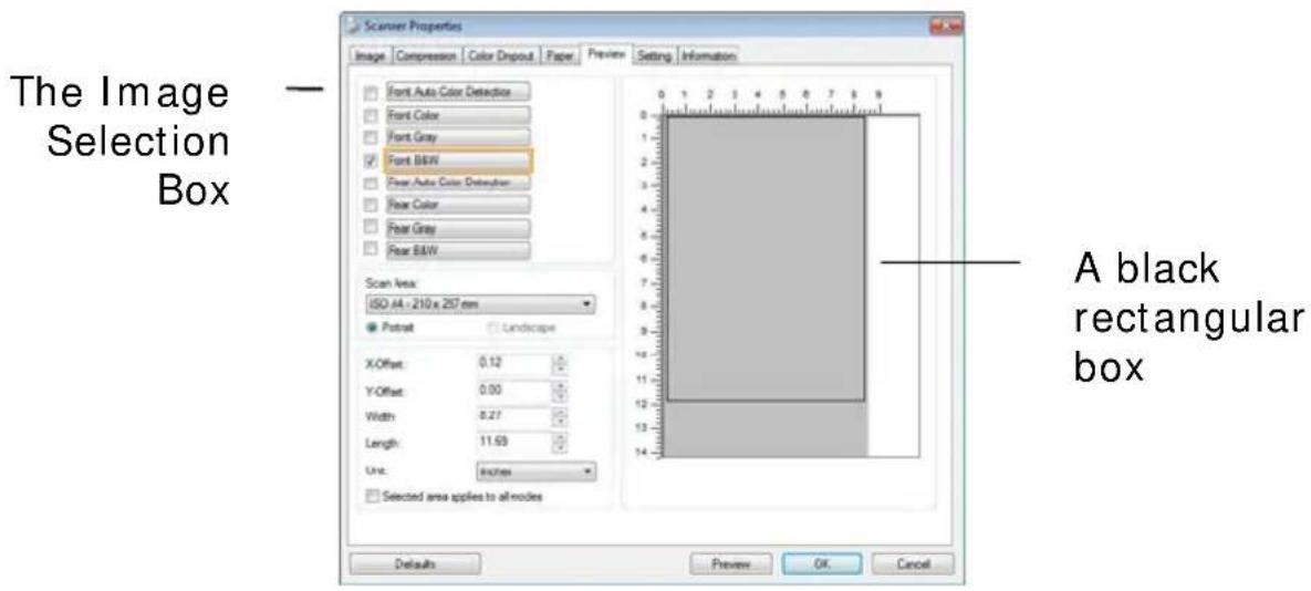 The Image Selection Box Scan Area: ISO A4 - 210 x 257 mm Potat Landscape X-Offset: 0.12 Y-Offset: 0.00 Width: 0.27 Length: 11.63 Unit: Inches Selected area applies to all nodes A black rectangular box Defaults Preview OK Cancel