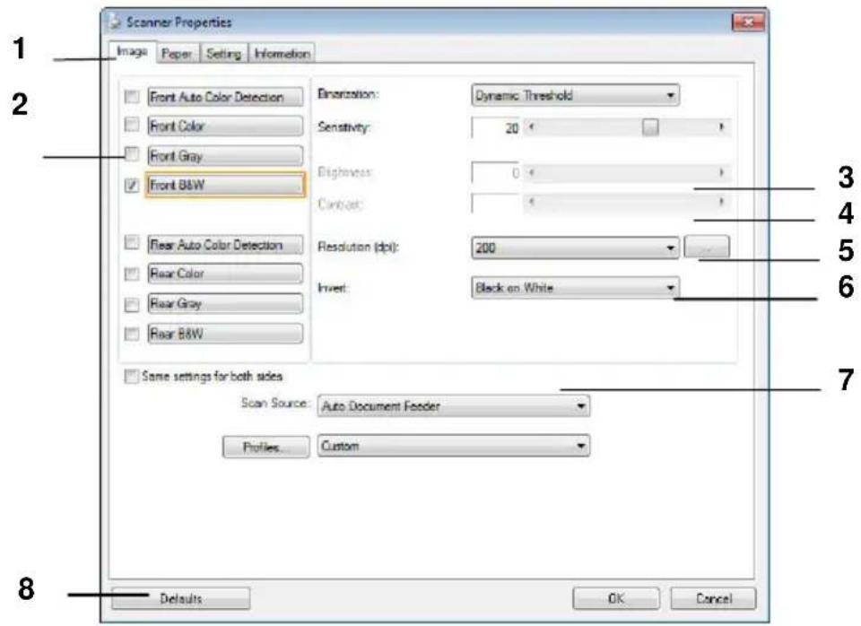 Scanner Properties Image Paper Setting Information Front Auto Color Detection Front Color Front Gray Front B&W Binarization: Dynamic Threshold Sensitivity: 20 Brightness: 0 Contrast: 0 Resolution (dpi): 200 Invert: Black on White Same settings for both sides Scan Source: Auto Document Feeder Profile…