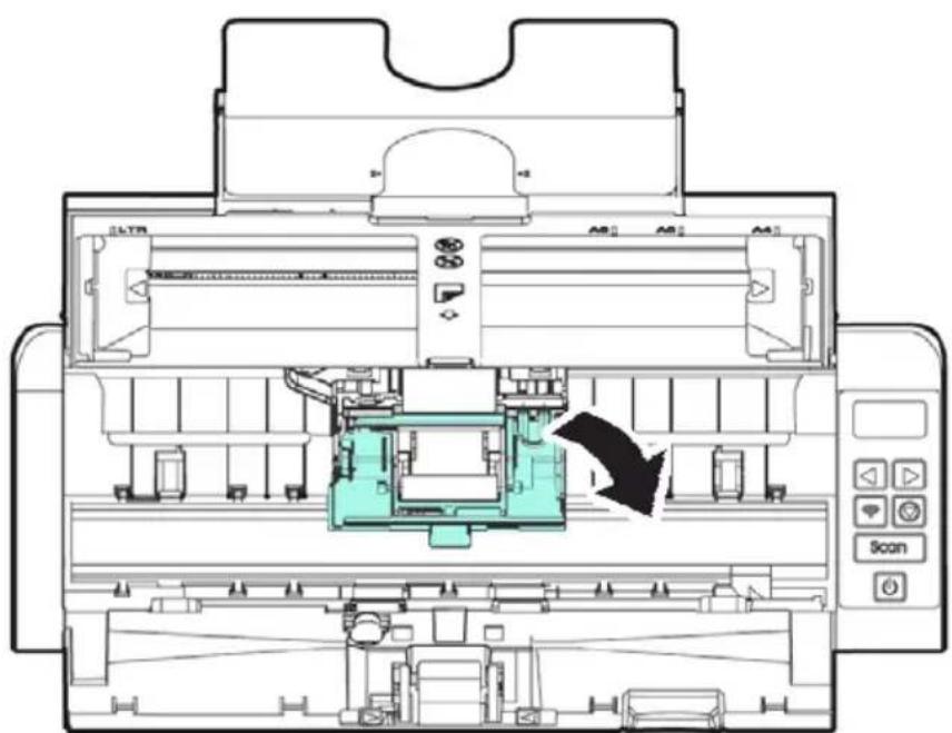 Technical diagram of a printer internal structure with labeled ports and a highlighted green component, showing scan operation indicated by an arrow.