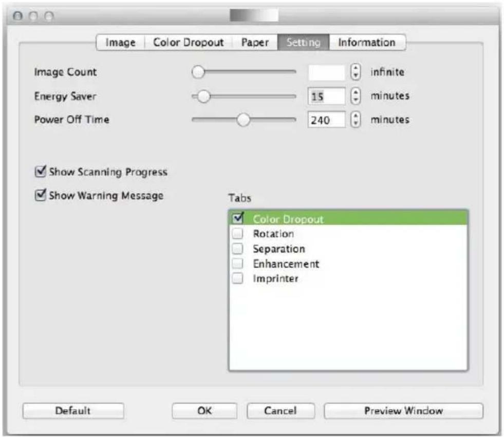 Image Color Dropout Paper Setting Information Image Count infinite Energy Saver 15 minutes Power Off Time 240 minutes ✓ Show Scanning Progress ✓ Show Warning Message Tabs ✓ Color Dropout □ Rotation □ Separation □ Enhancement □ Imprinter Default OK Cancel Preview Window