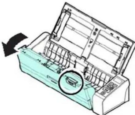 Diagram of an air conditioner unit with a magnified inset showing internal components (no text or symbols)
