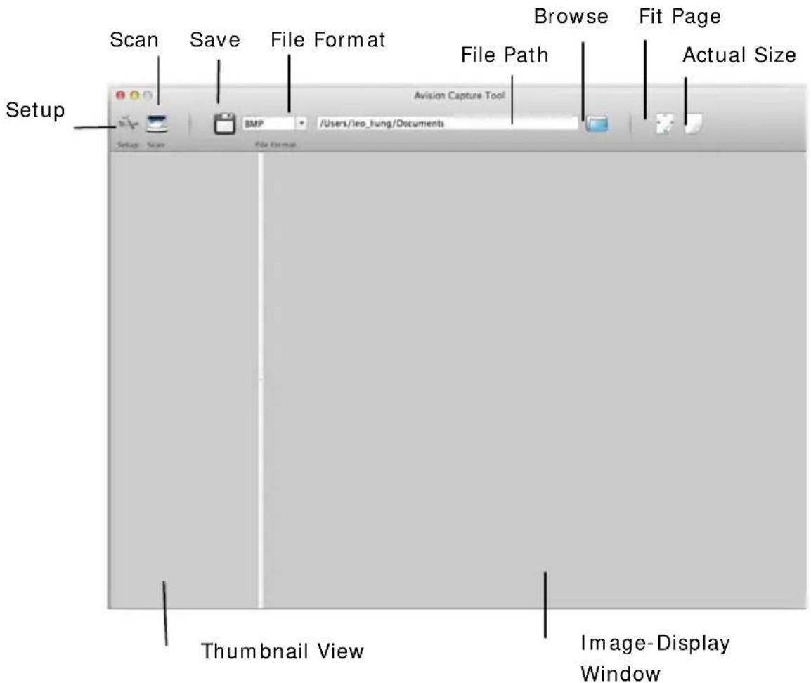 Scan Save File Format File Path Browse Fit Page Actual Size Setup Avision Capture Tool BMP /Users/leo_hung/Documents Setup - Scan File Format Thumbnail View Image-Display Window