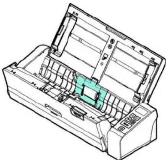 Line drawing of an open printer with internal compartments and a highlighted green component (no text or symbols)