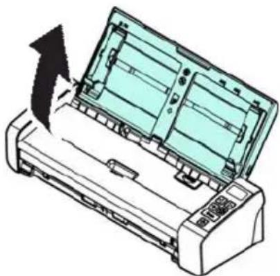 Illustration of a printer with a paper airplane being inserted, showing internal structure and an upward arrow (no text or symbols)