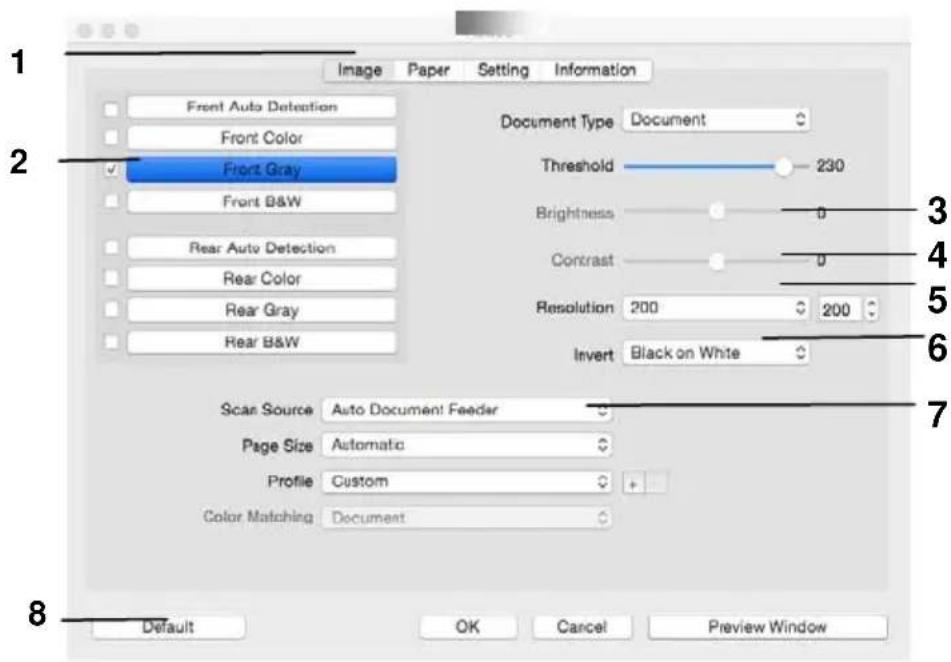 1 Image Paper Setting Information Front Auto Detection Front Color Front Gray Front B&W Rear Auto Detection Rear Color Rear Gray Rear B&W Document Type Document Threshold 230 Brightness 0 Contrast 0 Resolution 200 200 Invert Black on White Scan Source Auto Document Feeder Page Size Automatic Profile…