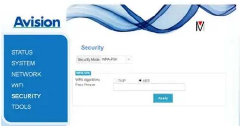Avision STATUS SYSTEM NETWORK WIFI SECURITY TOOLS Security Security Mode: WPA-PIK WPA-UIK WPA Algorithmi Pass Phrase TDP AES Apply