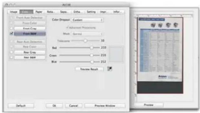 AutoCAD Image Color Paper Rota Steps Info. Setting Impr. Infor... Front Auto Detection Press Color Front Gray Front RAW Rear Auto Detection Rear Color Rear Gray Rear RAW Color Diagnost Custom Advanced Processing Multi Illumin Transocean 10 Red 210 Green 210 Blue 212 Preview Result Default OK Cancel…