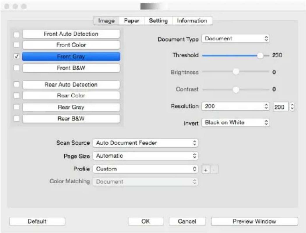 Image Paper Setting Information Front Auto Detection Front Color ✓ Front Gray Front B&W Rear Auto Detection Rear Color Rear Gray Rear B&W Document Type Document Threshold 230 Brightness 0 Contrast 0 Resolution 200 200 Invert Black on White Scan Source Auto Document Feeder Page Size Automatic Profile…