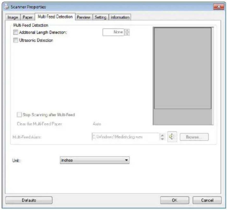 Scanner Properties Image Paper Multi-Feed Detection Preview Setting Information Multi-Feed Detection Additional Length Detection: None Ultrasonic Detection Stop Scanning after Multi-Feed Clear the Multi-Feed Paper Auto Multi-Feed Alarm: C:\Windows\Mediating.way Browse... Unit: inches Default OK Canc…