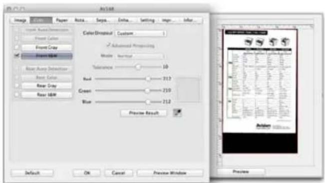 Image Color Paper Auto... Steps Units Setting Imp Infer Input: Raw Color Face Color Front Gray Image RGB Rear Jump Detector Base Color Rear Gray Rear S&W Color/Dropheid Custom Advanced Manipulating Model: Normal Tolerance 10 Red 212 Green 210 Blue 212 Preview Result Preview OK Cancel Preview Window…