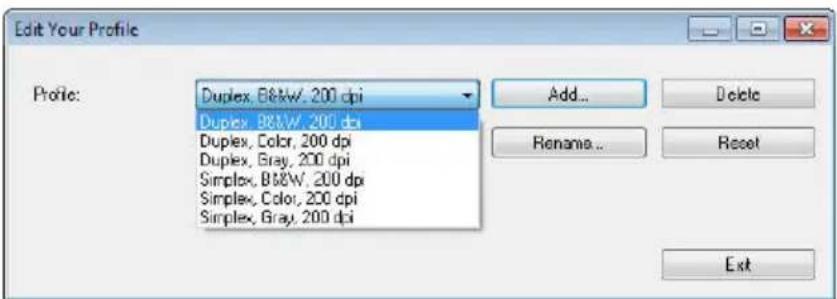 Edit Your Profile Profile: Duplex, B&W, 200 dpi Duplex, B&W, 200 dpi Duplex, Color, 200 dpi Duplex, Gray, 200 dpi Simplex, B&W, 200 dpi Simplex, Color, 200 dpi Simplex, Gray, 200 dpi Add... Delete Rename... Reset Ext