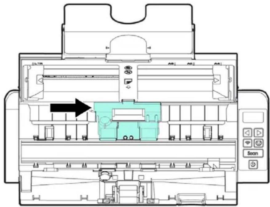 Technical diagram of a printer internal structure with labeled ports and a highlighted green component, showing layout and control buttons.