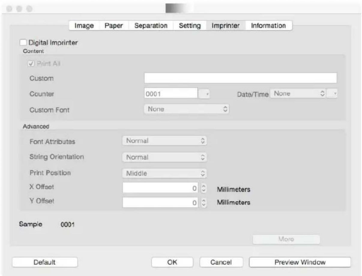 Digital Imprinter Content ✓ Print All Custom Counter 0001 Date/Time None Custom Font None Advanced Font Attributes Normal String Orientation Normal Print Position Middle X Offset 0 Millimeters Y Offset 0 Millimeters Sample 0001 More Default OK Cancel Preview Window