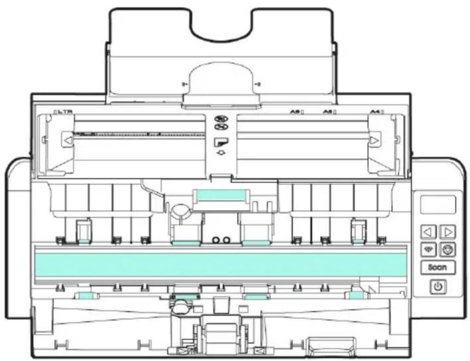 Technical diagram of a printer internal structure with labeled ports and control buttons