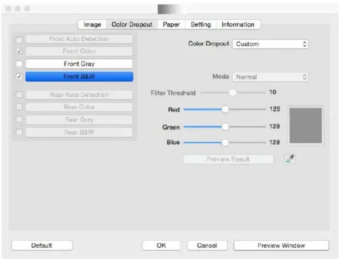 Image Color Dropout Paper Setting Information Front Auto Detection Front Color Front Gray Front B&W Rear Auto Detection Rear Color Rear Gray Rear B&W Color Dropout Custom Mode Normal Filter Threshold 10 Red 128 Green 128 Blue 128 Preview Result Default OK Cancel Preview Window